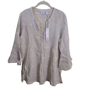 Antibes Blanc NWOT 100% Linen Embroidered Bell Sleeve Tunic Top Size L